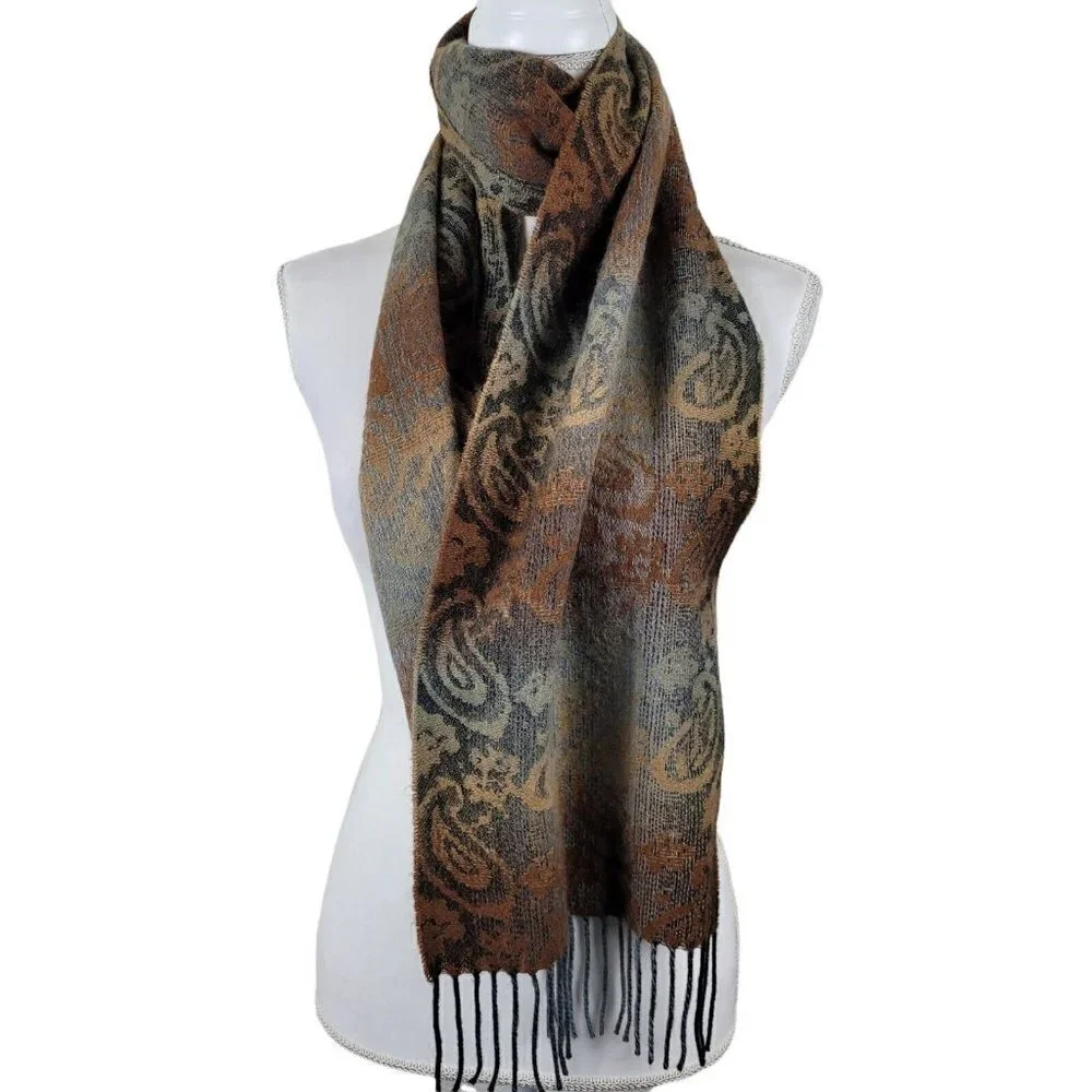 Cejon Ombre Paisley Woven Scarf With Fringe Brown Made In Italy NWT 12